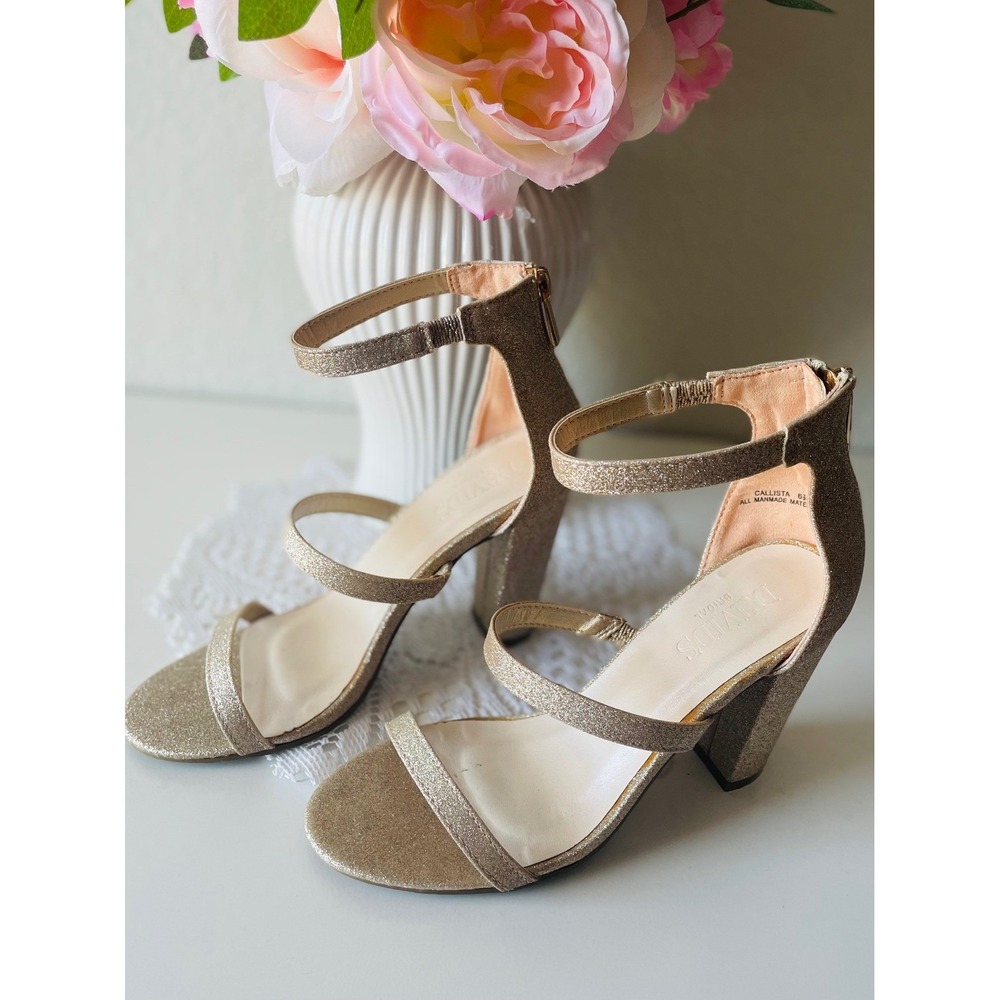 Davids Bridal Callista Metallic Champagne 3-Band Sandals glitter Formal 6.5